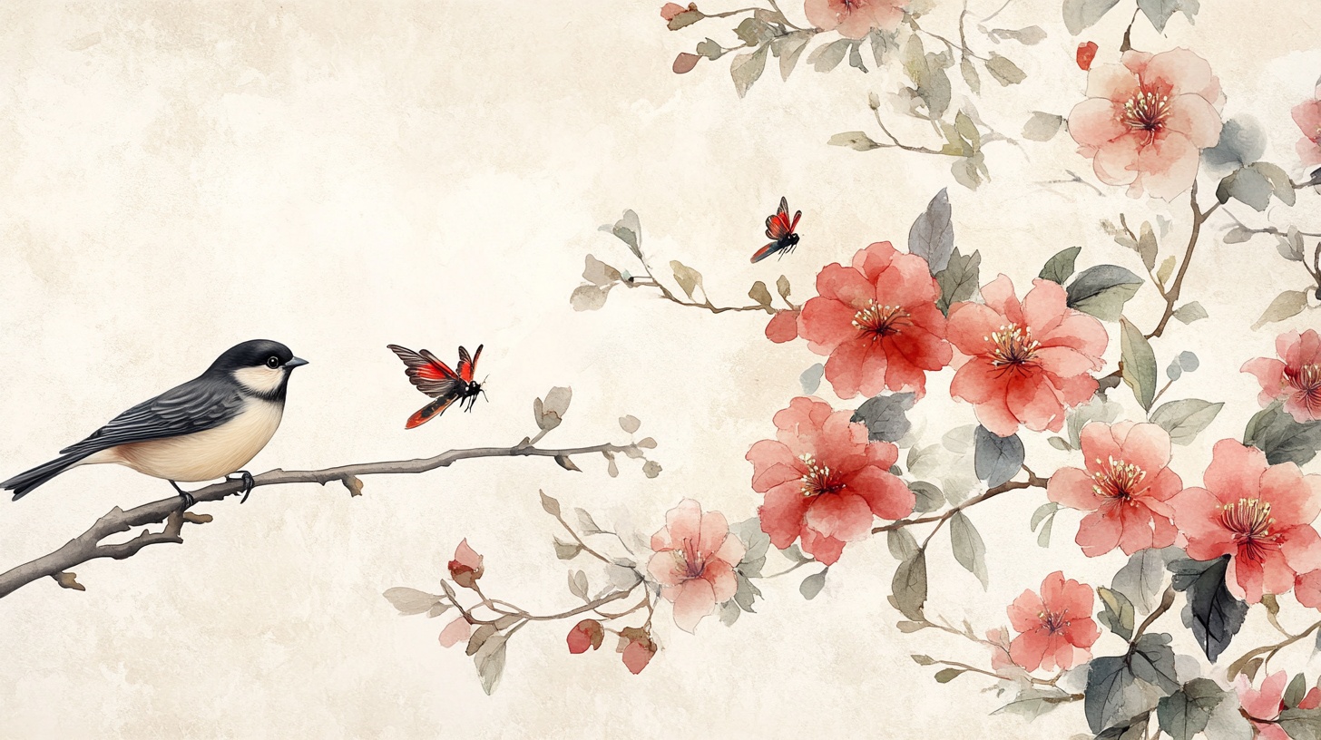 花鸟诗意水墨图