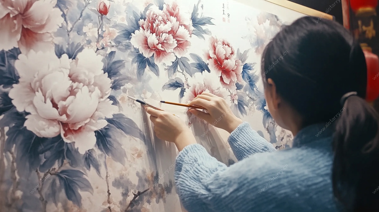 女子专注绘牡丹油画