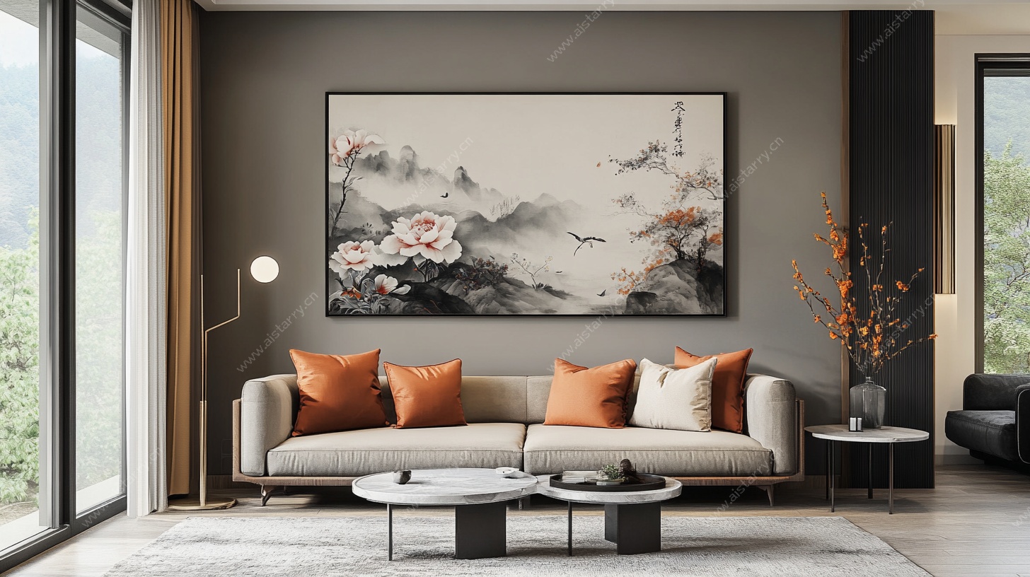 中式客厅山水挂画装饰图
