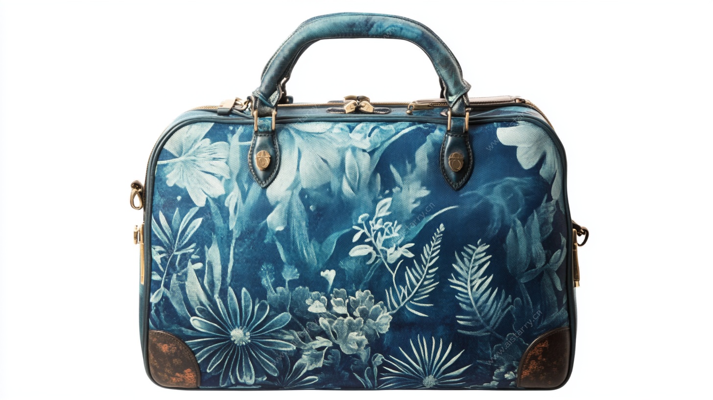 蓝底花卉图案复古手提包