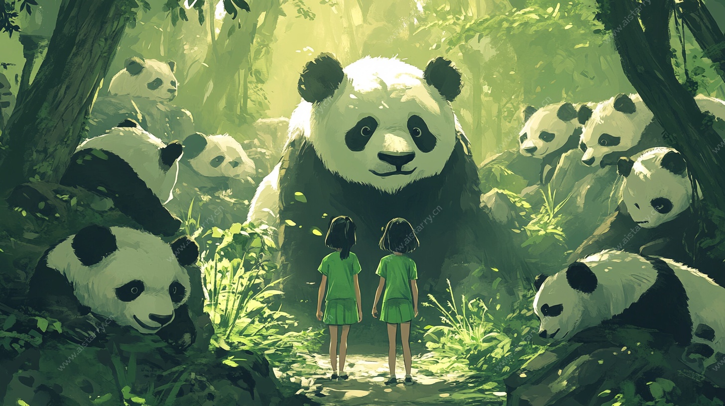 森林中的熊猫与双生女孩
