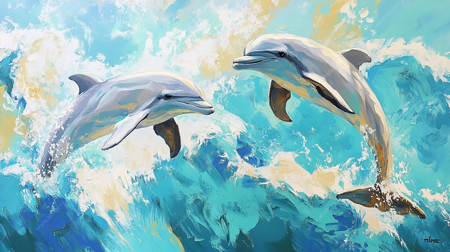 跃浪双海豚油画作品