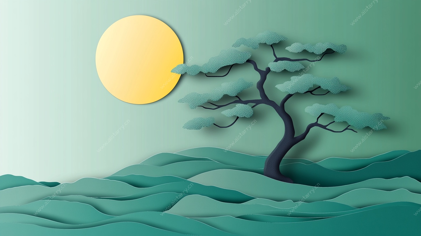 剪纸风月下孤松图景