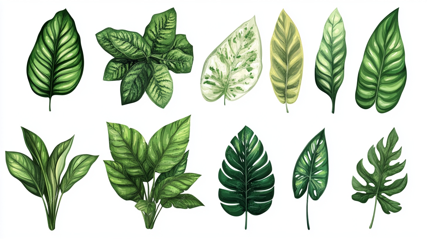 手绘多彩热带植物叶片集合