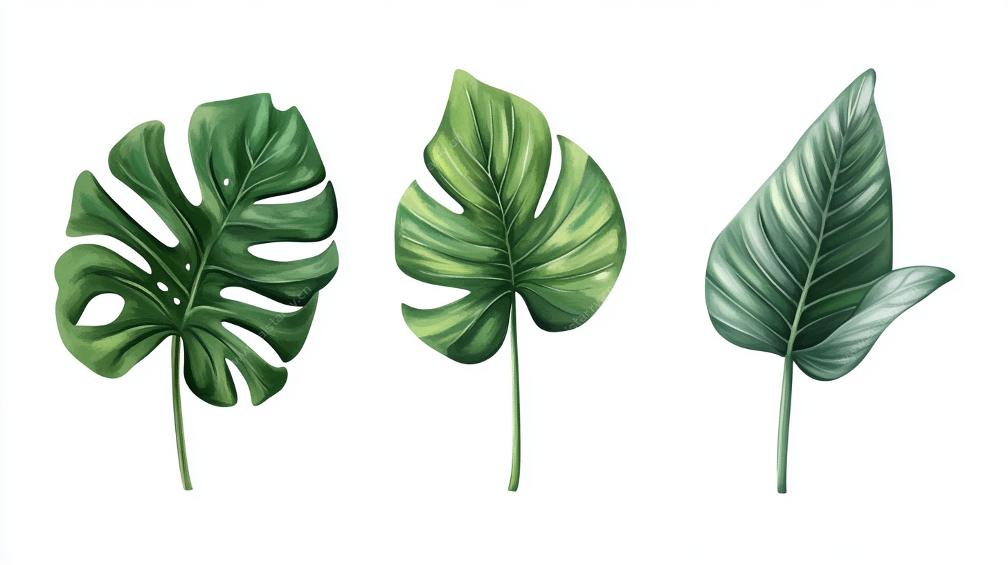 三片手绘热带植物叶片