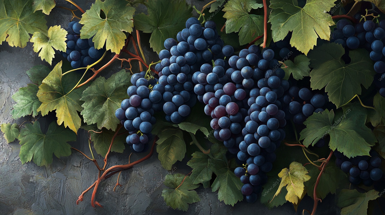 饱满紫葡萄与翠绿叶片