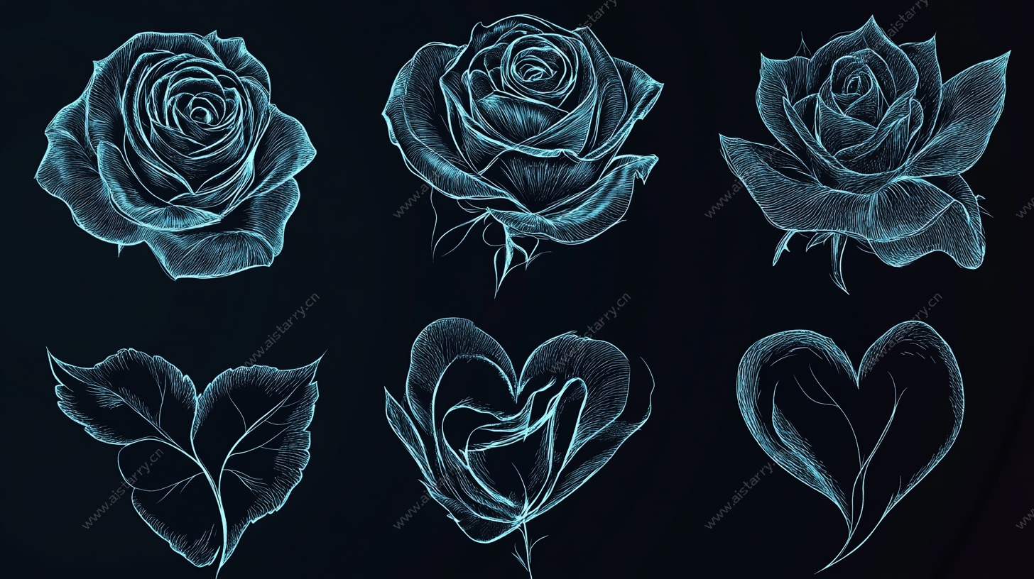 蓝调玫瑰与心叶图案设计