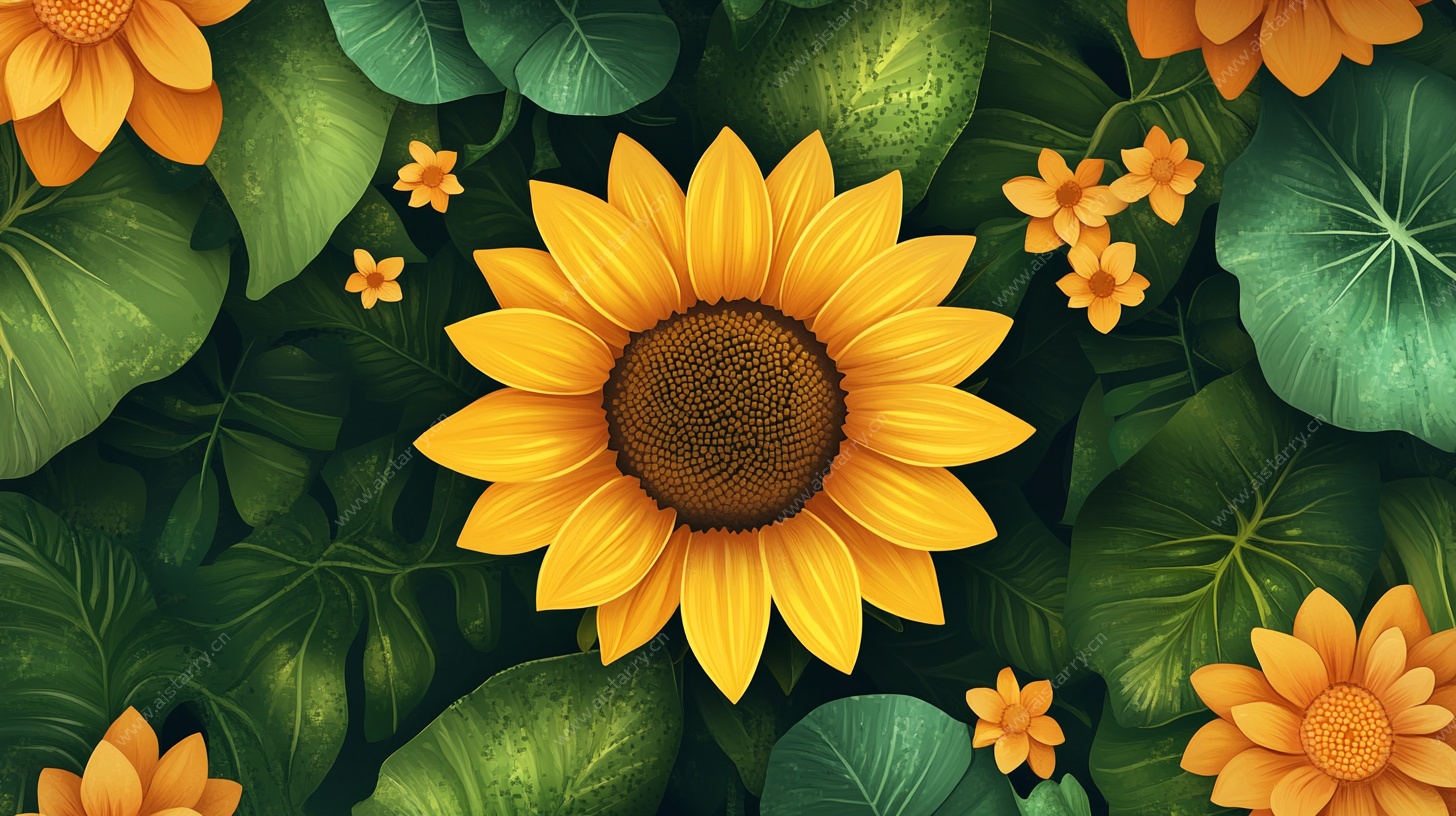 向日葵绿叶花卉插画