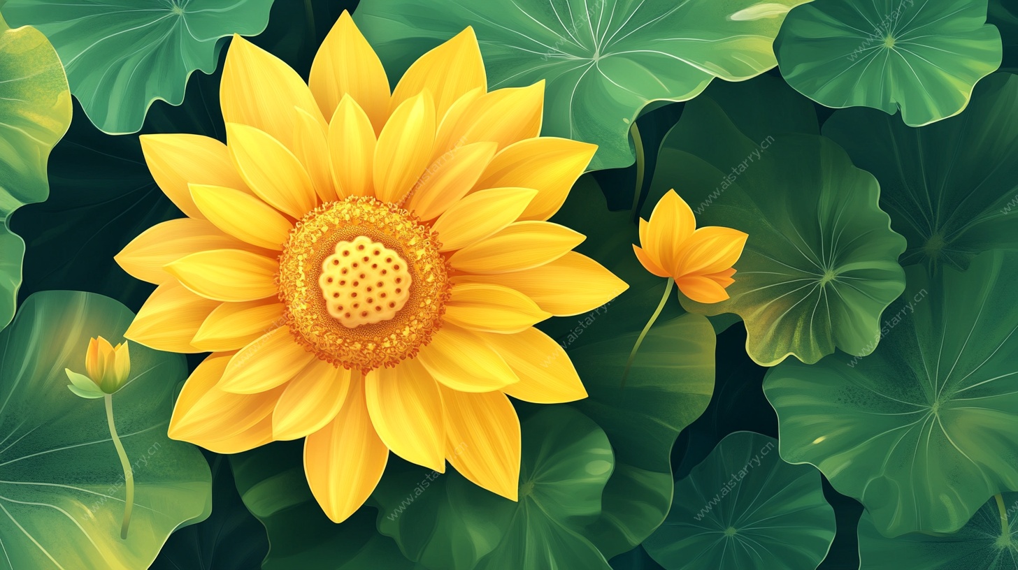 金黄向日葵与荷叶插画