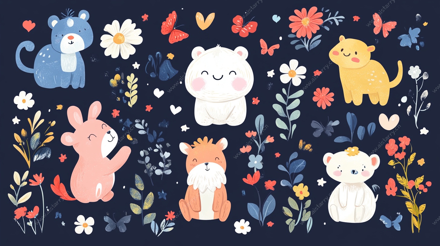 可爱动物与花卉插画集合