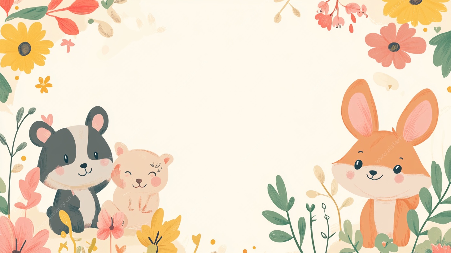 可爱动物与花卉温馨插画