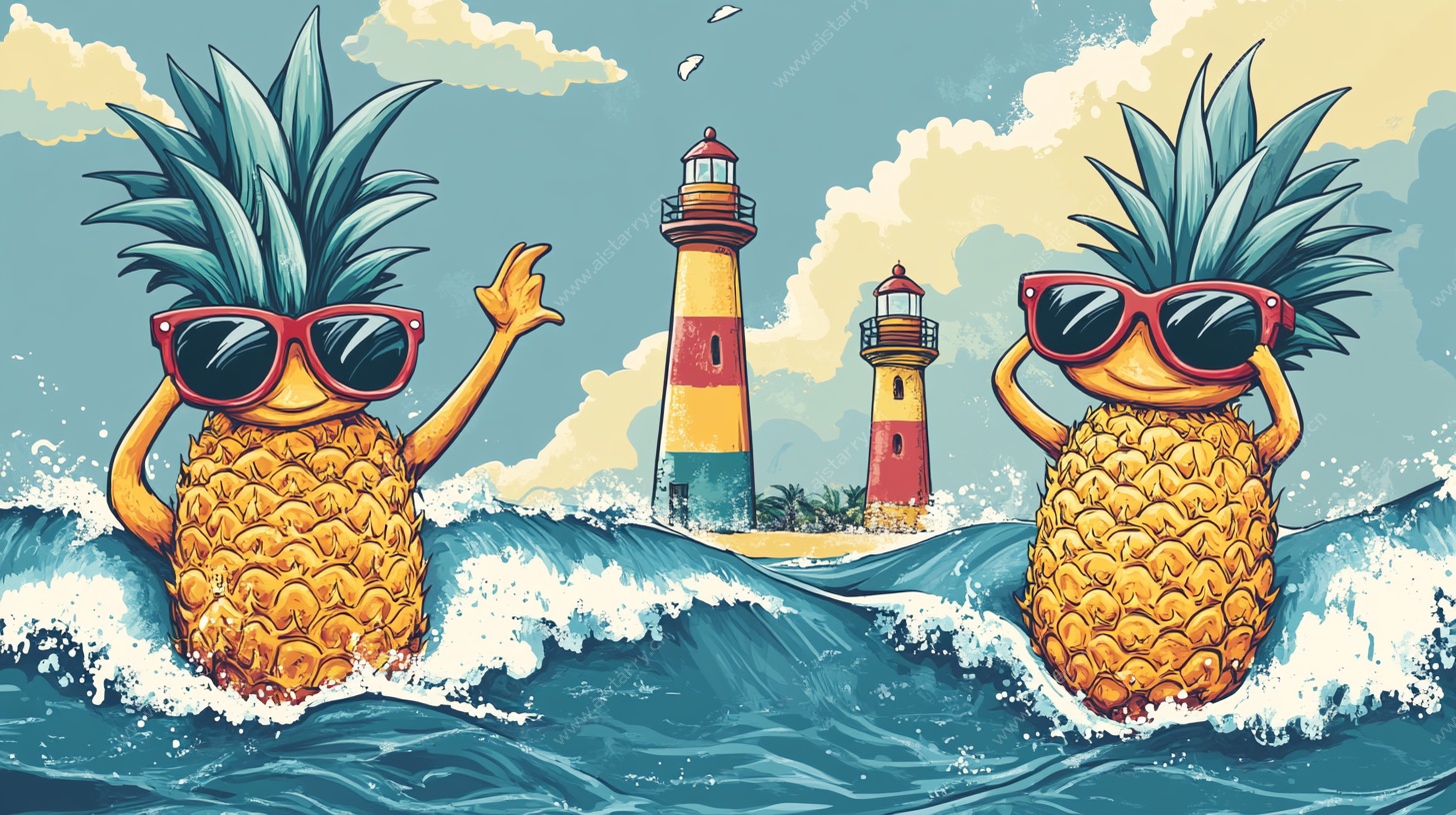 菠萝在海边的趣味场景