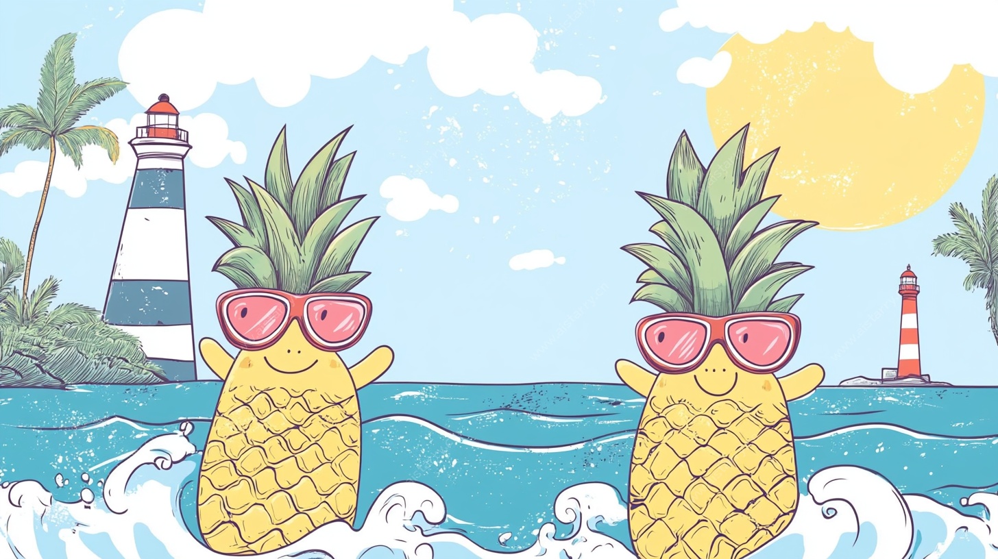 海边萌趣菠萝度假插画
