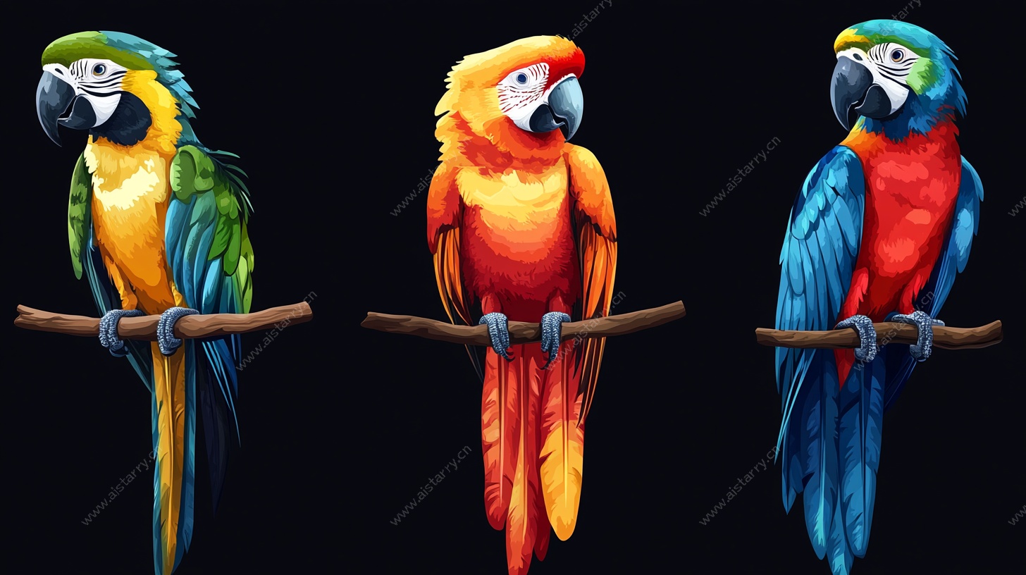 三只多彩鹦鹉栖于枝头