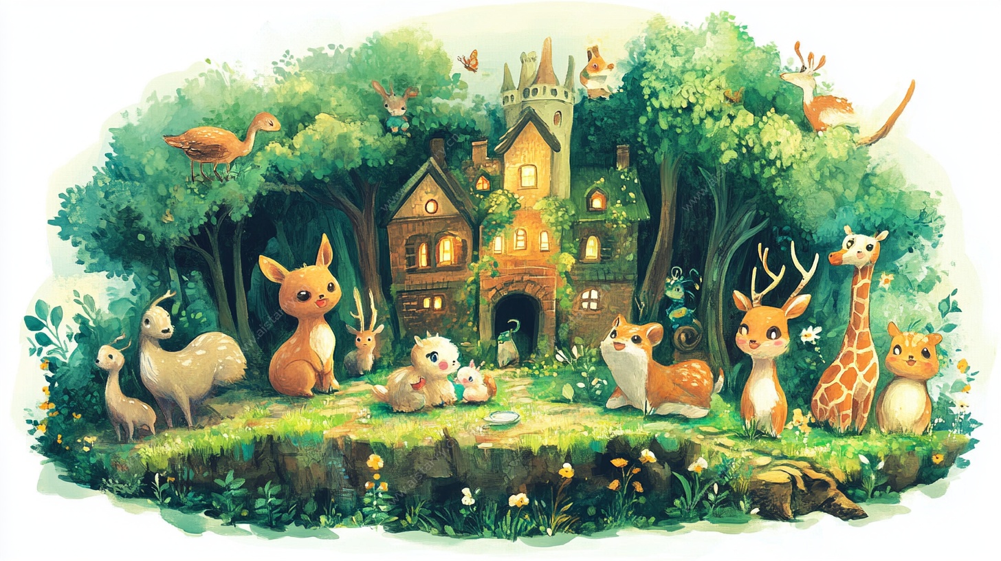 森林中的动物童话小屋