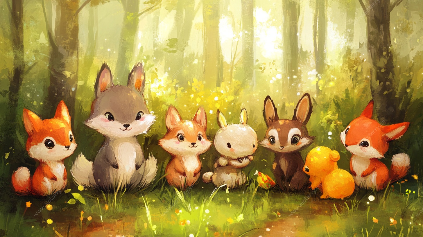 森林中的可爱动物聚会