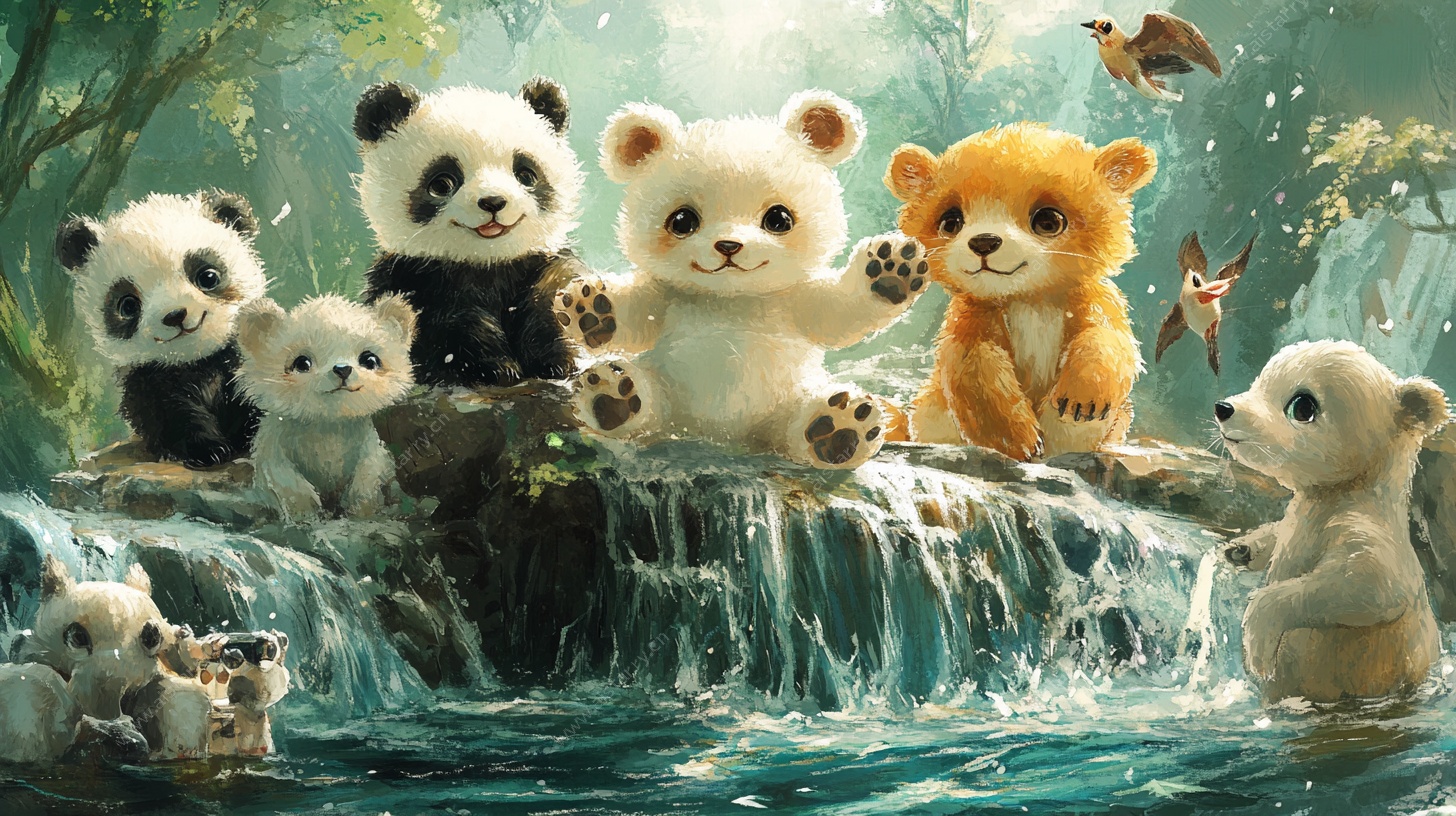 可爱萌熊相聚溪边瀑布