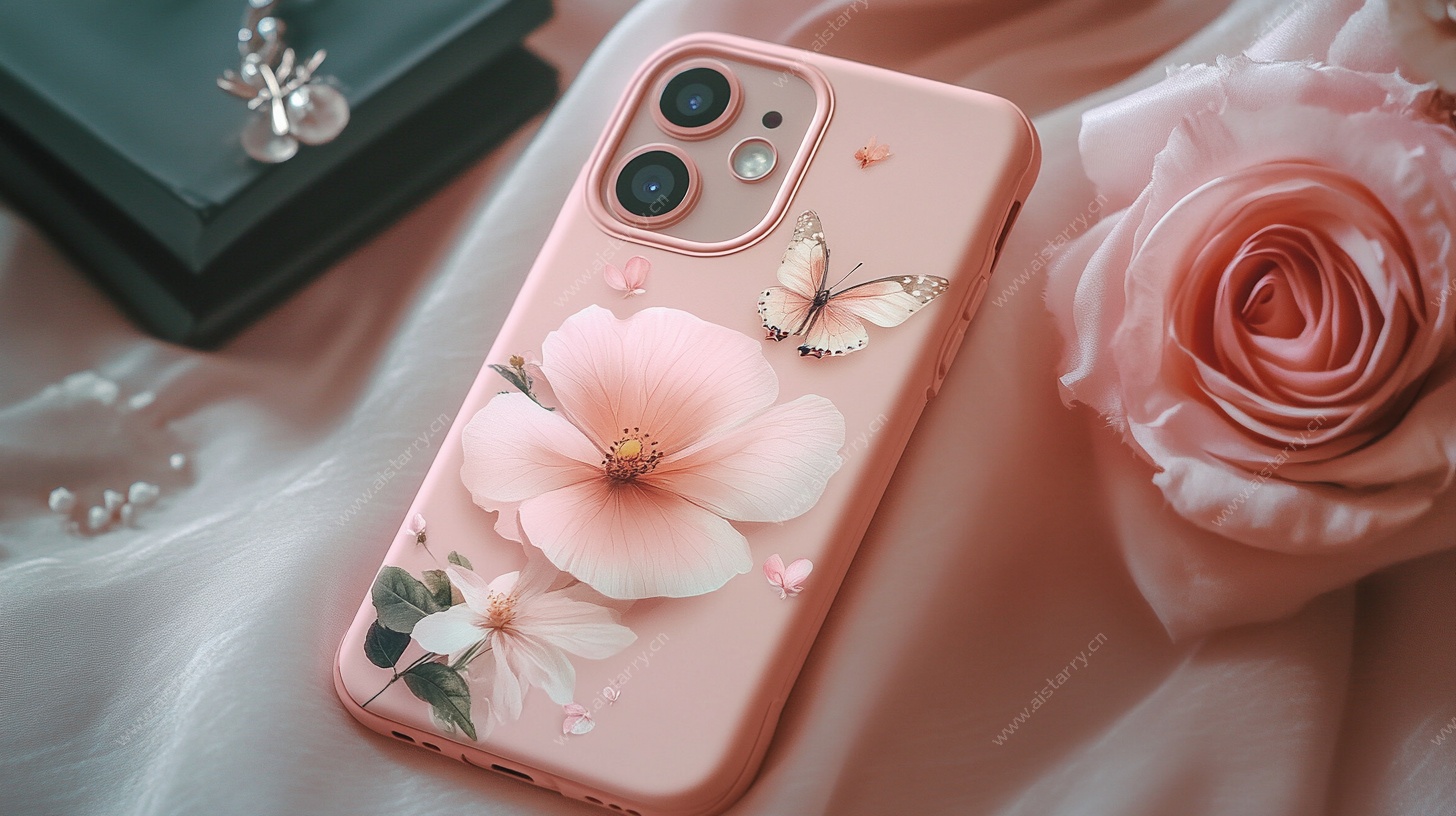 粉色花卉蝴蝶手机壳特写