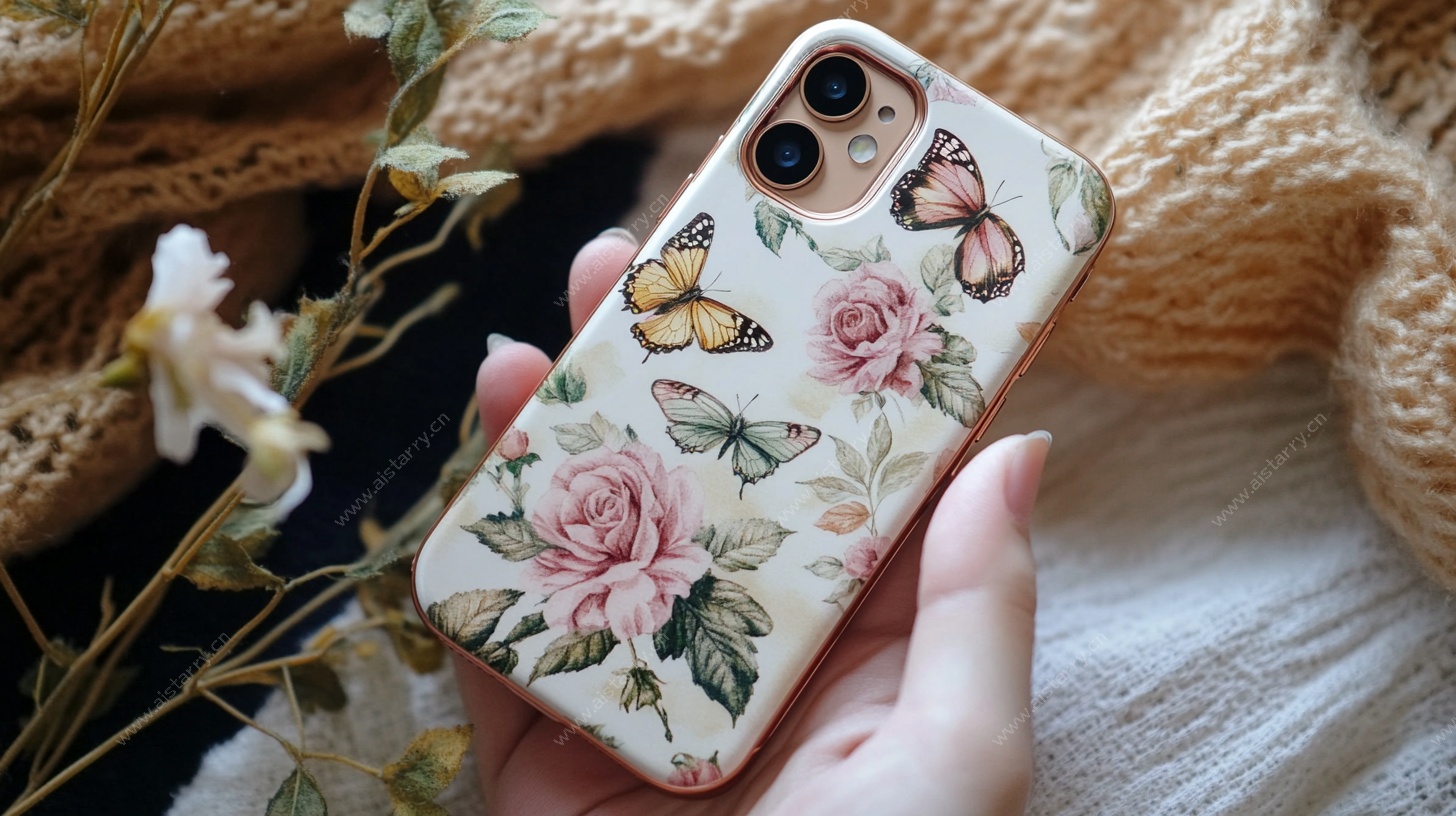 花卉蝴蝶图案手机壳特写