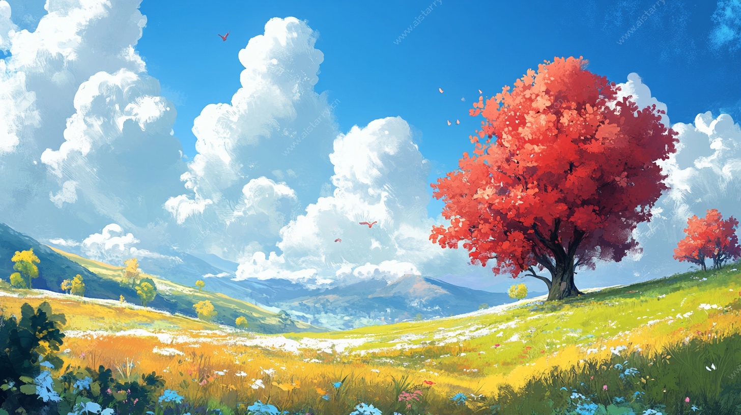 秋日旷野中的绯红孤树