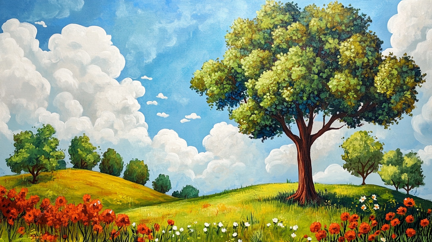 田园风光下的大树与花海