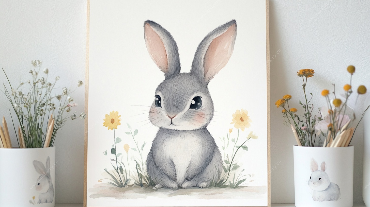 可爱灰兔花卉装饰画