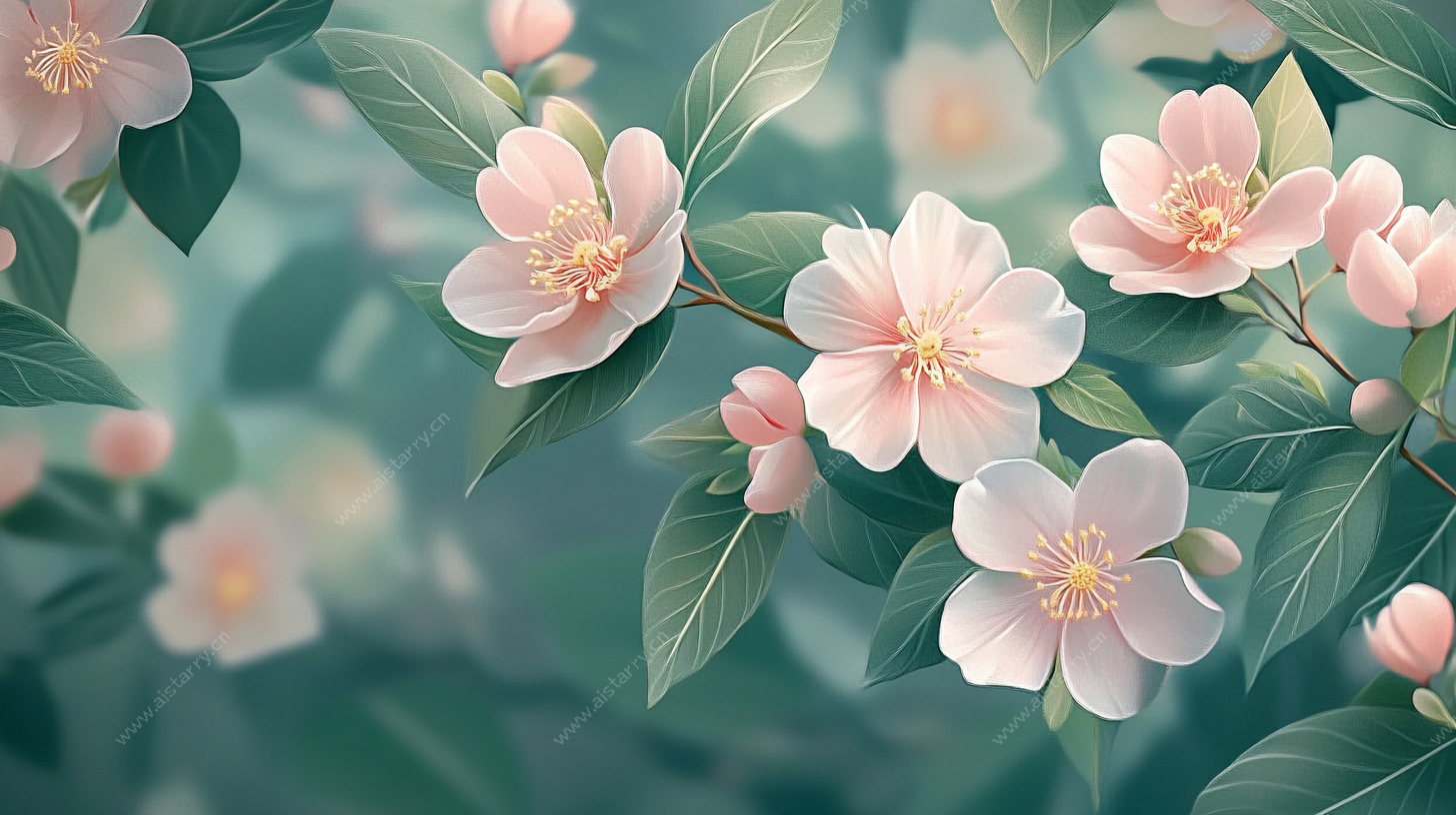 粉色花朵枝叶特写插画