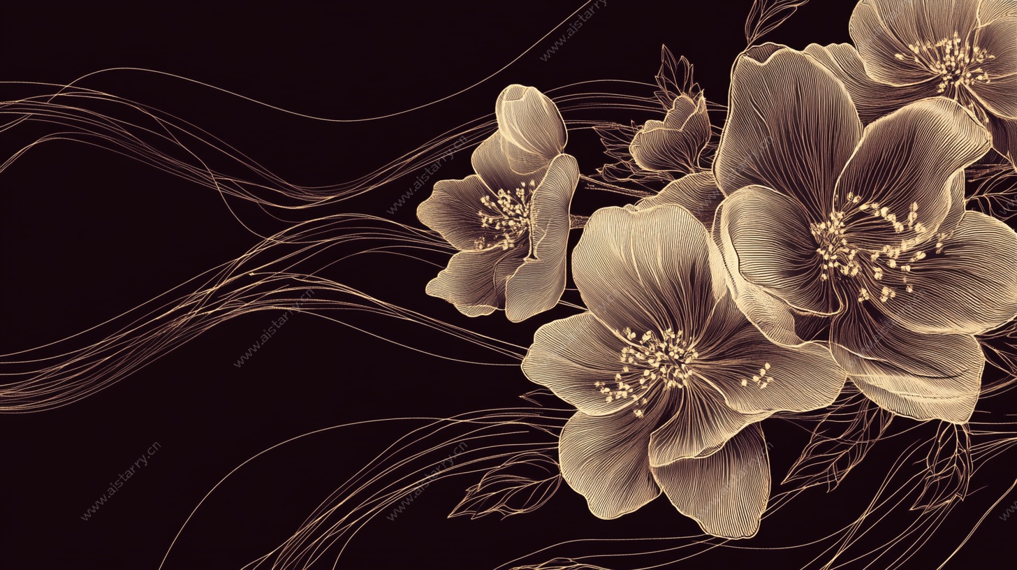 金色花卉线条艺术插画