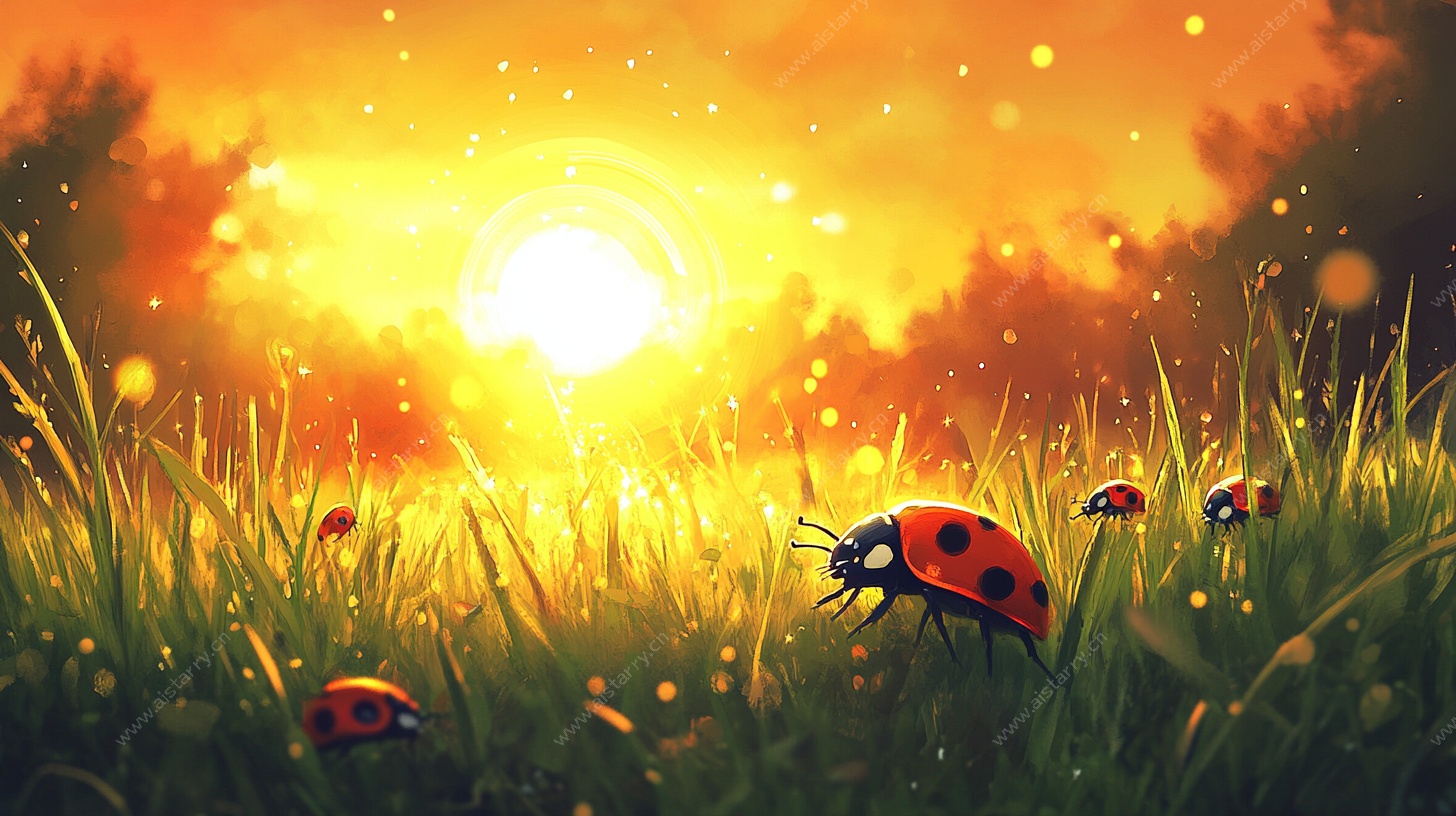 夕阳下的瓢虫草地漫步
