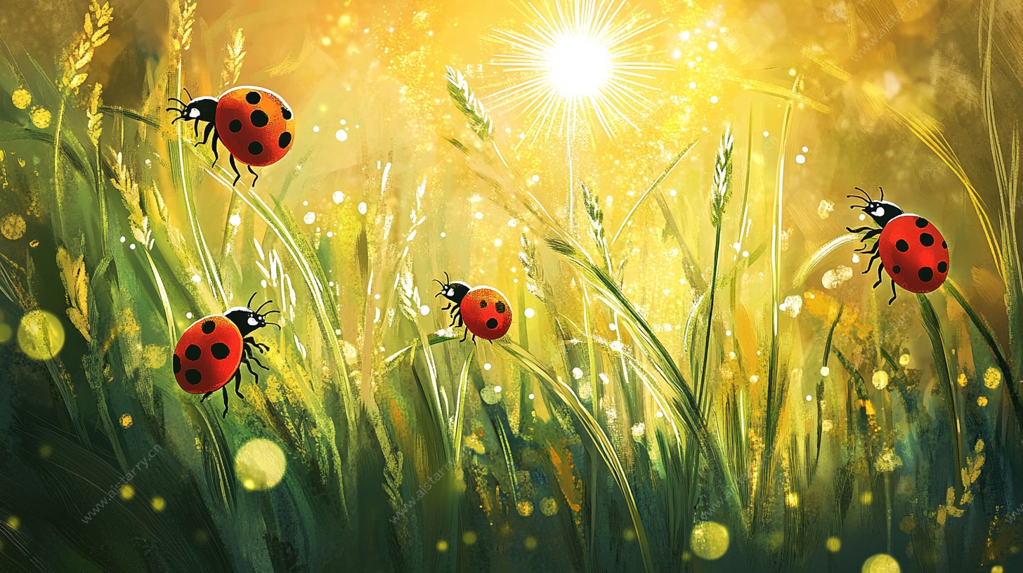 阳光下的瓢虫漫步草地