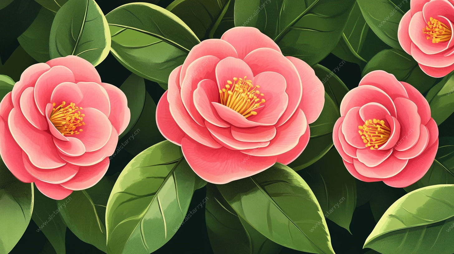 艳丽山茶花插画