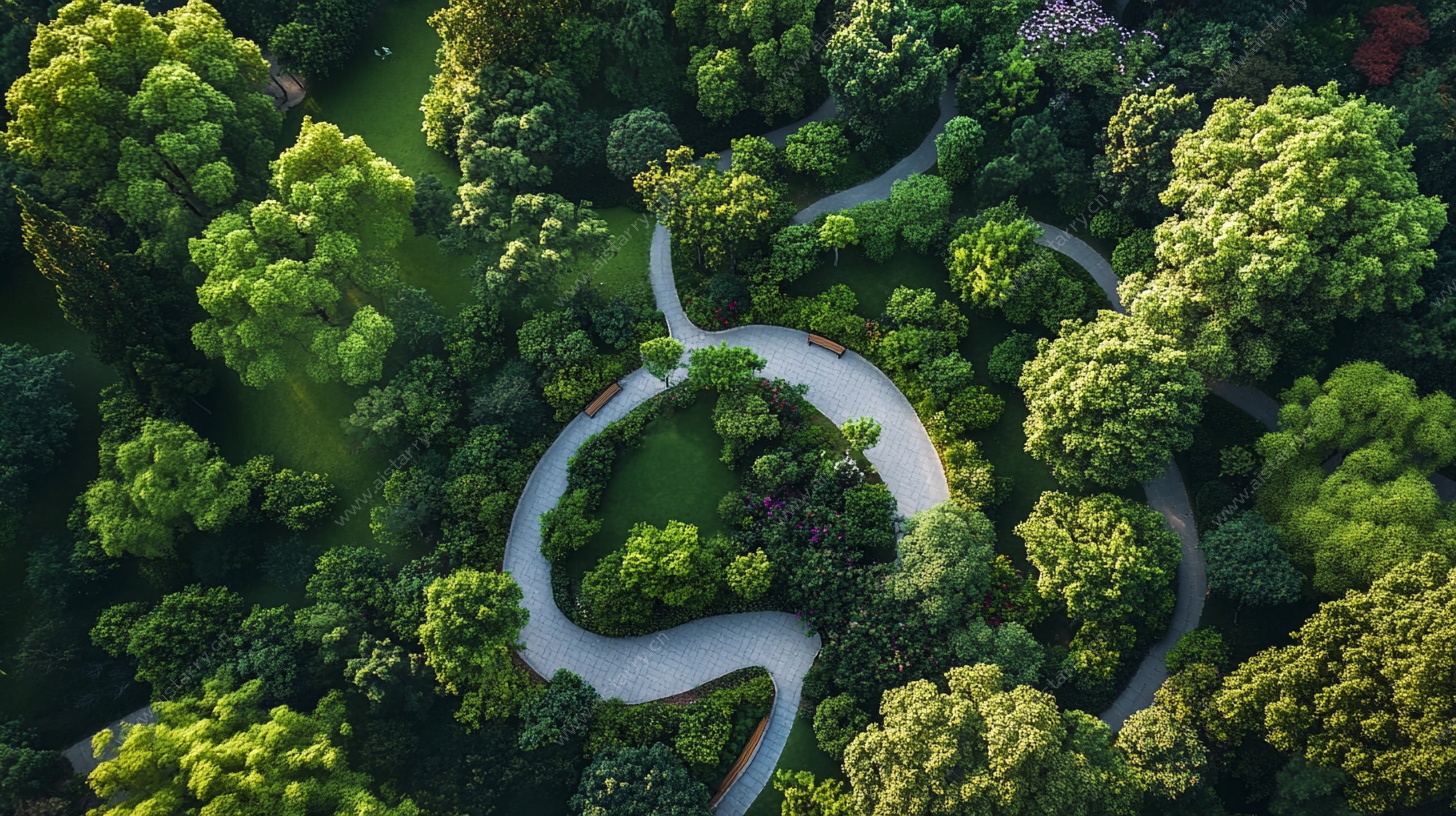 空中俯瞰蜿蜒林中小径