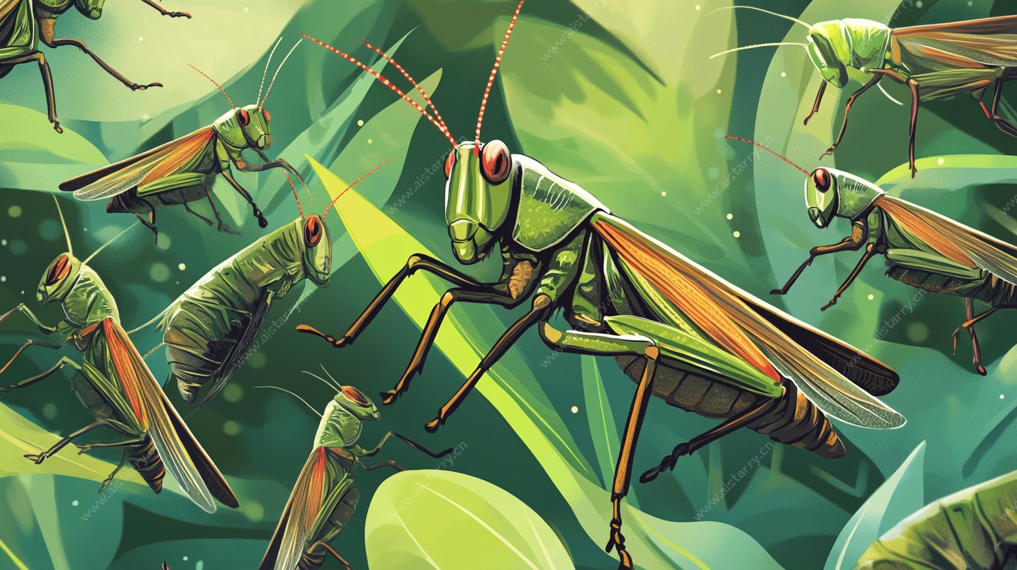 群蝗栖于绿叶间插画