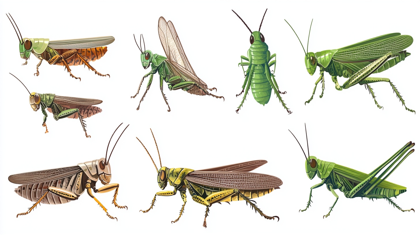 多样形态的绿色蚱蜢集合