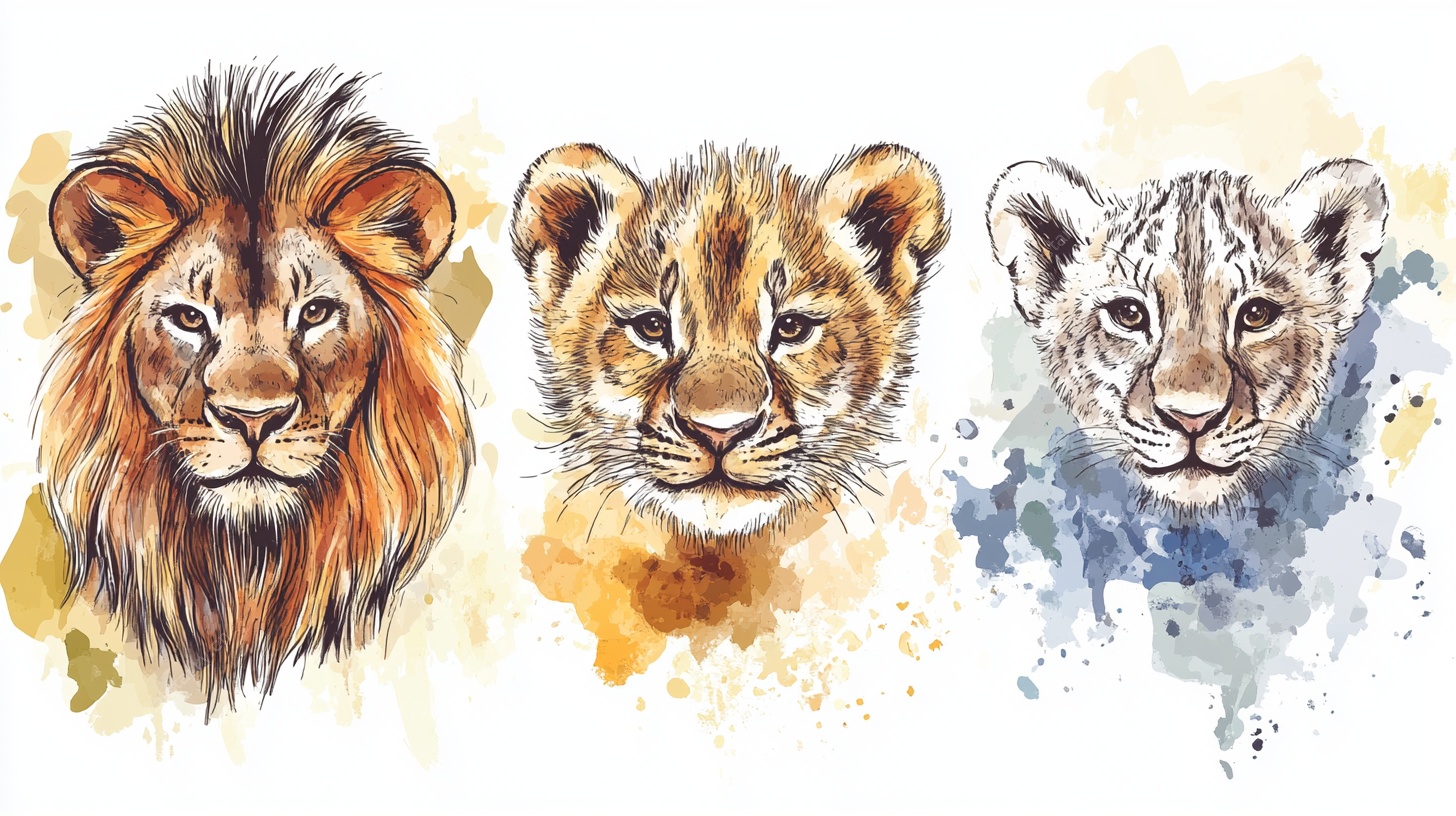 水彩绘三狮 狮王与幼崽