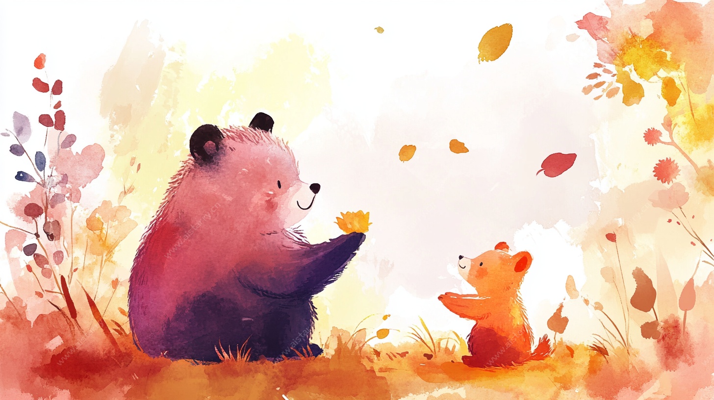 熊与小兽的秋日温馨时刻