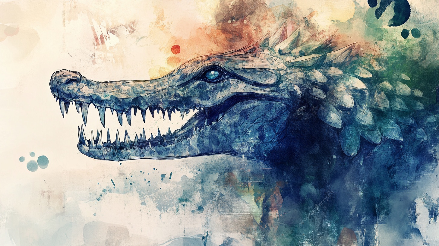 水彩风格鳄鱼头部特写