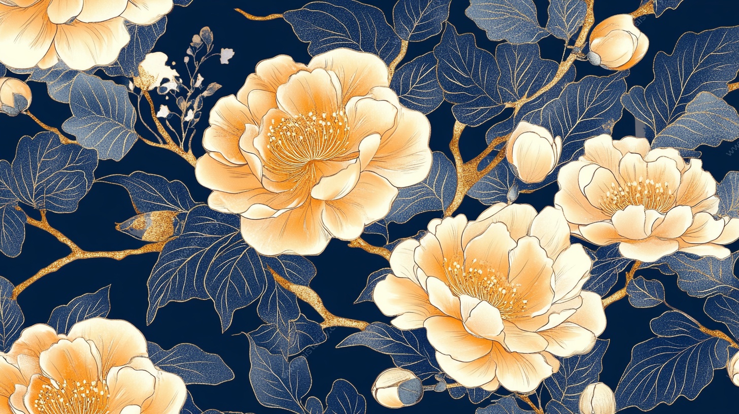 蓝底金花卉中式纹样图案