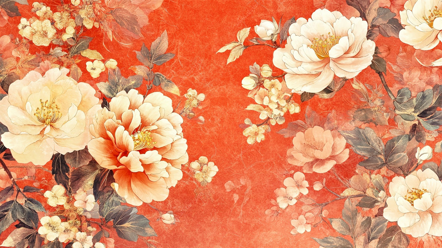 橙底繁花复古花卉图案