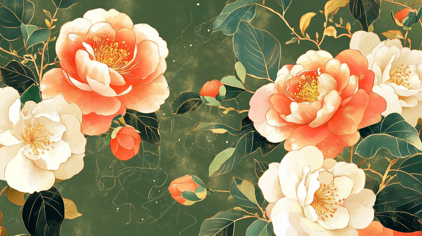 中式山茶花卉插画