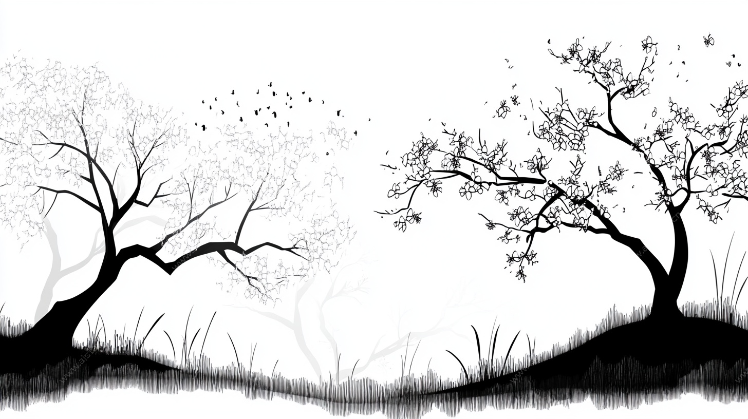 黑白水墨风双树景致图