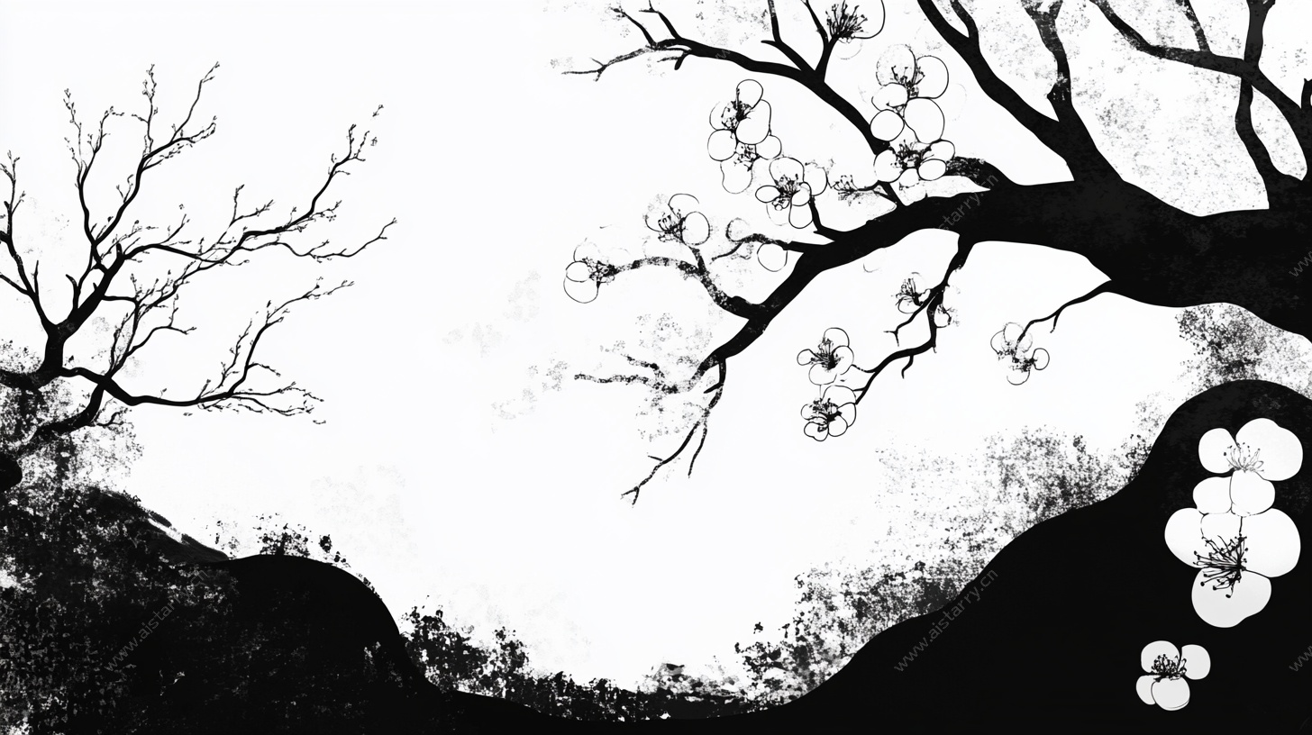 水墨梅花山水剪影图