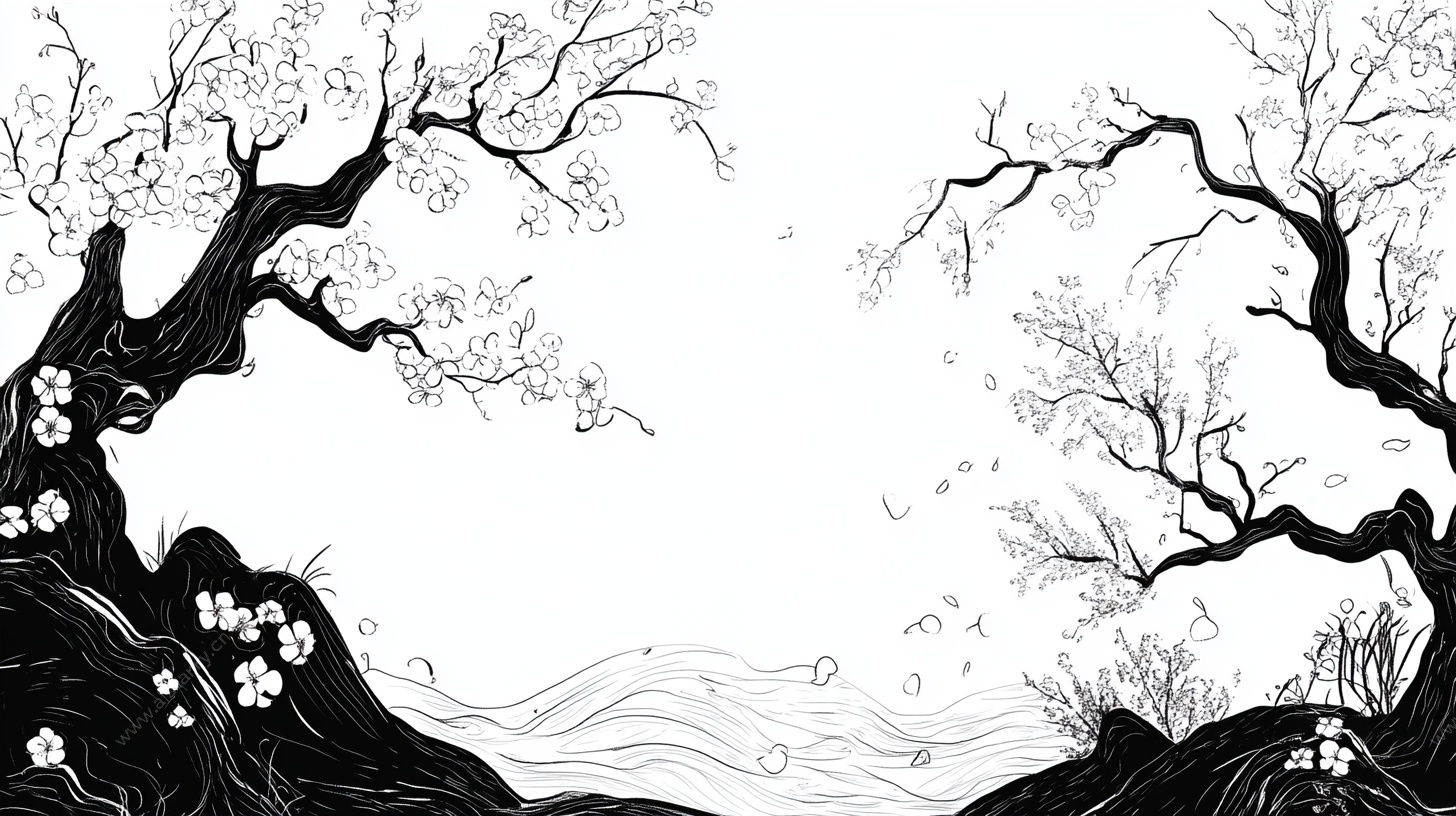 黑白墨韵绘繁花春景图