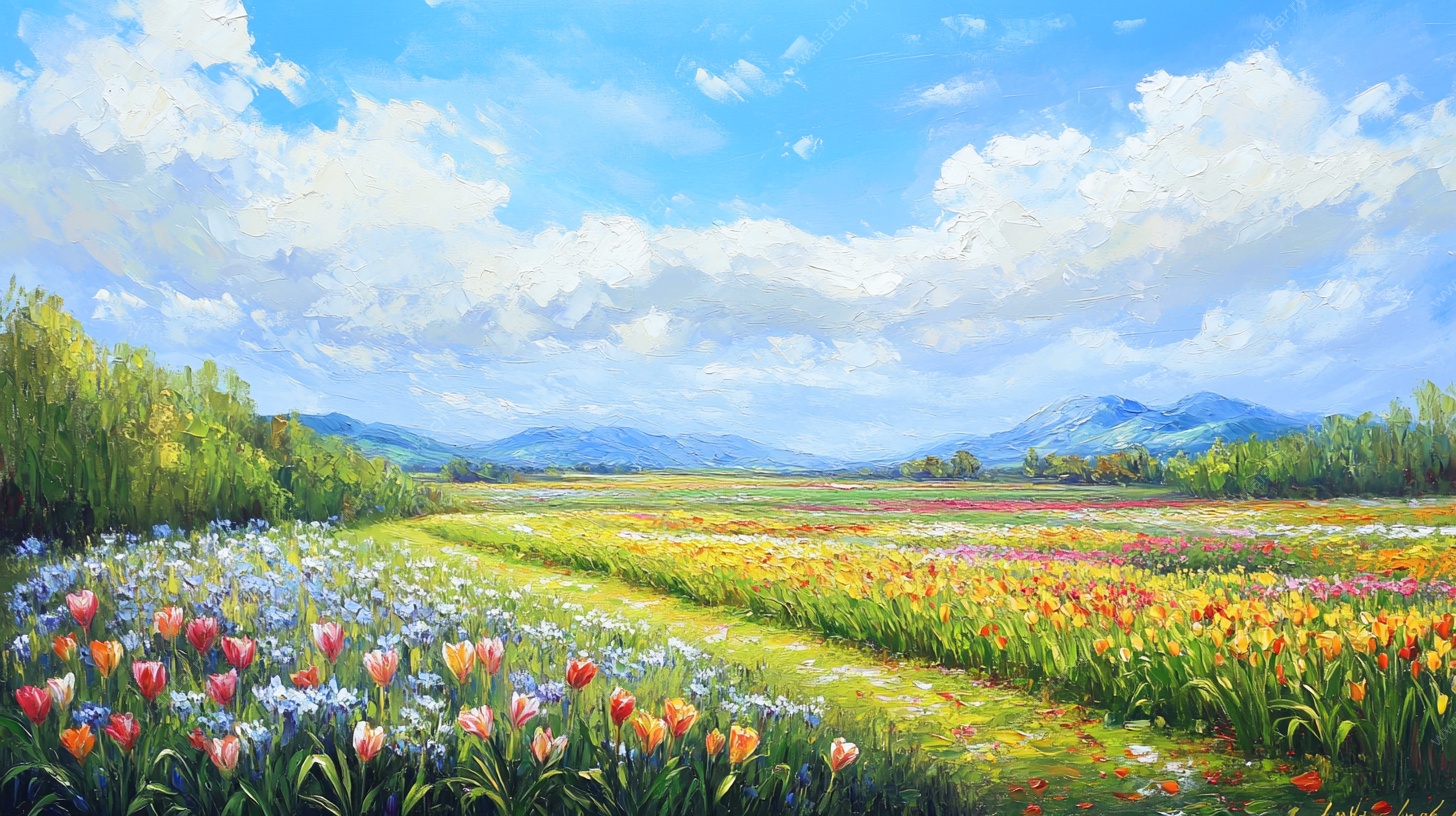 春日花海田园风光油画