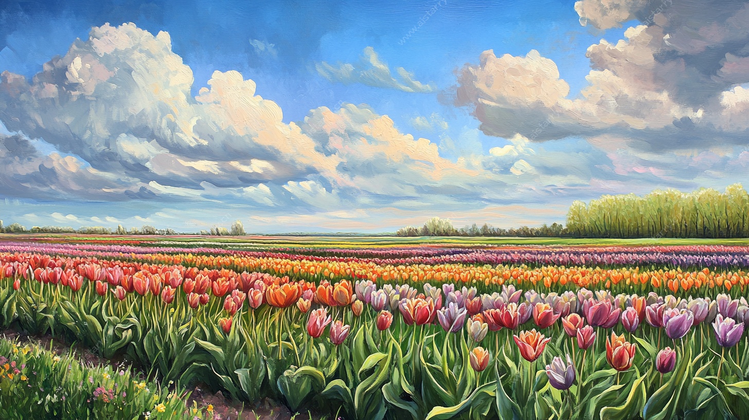 多彩郁金香田园风光画