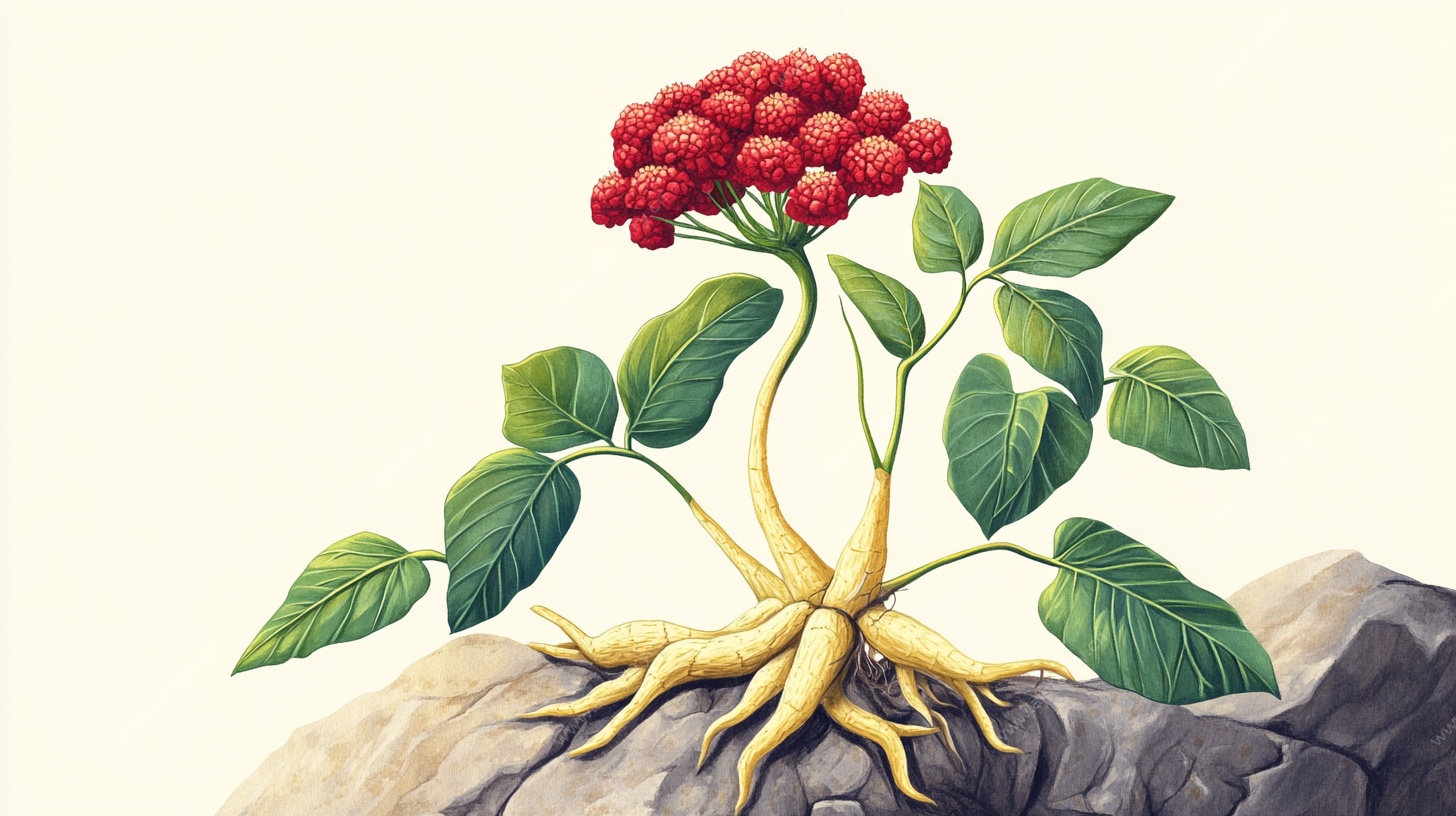 一枝人参绘于岩石之上