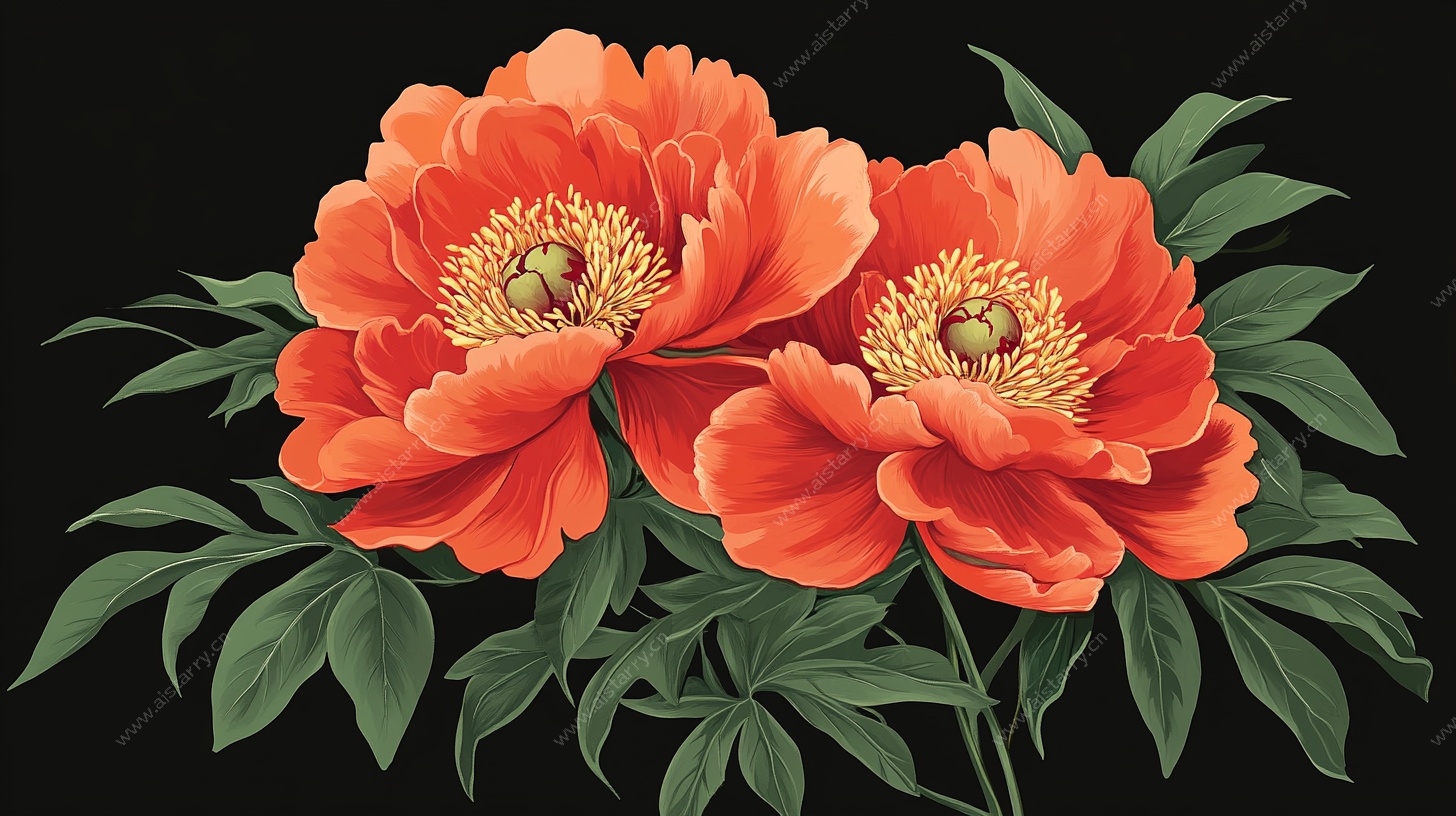 两朵艳丽盛开的红牡丹