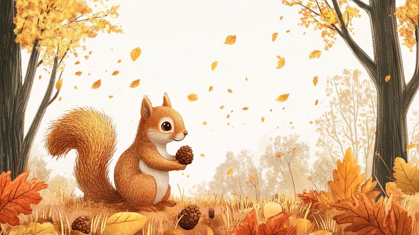 秋日松鼠拾松果场景图