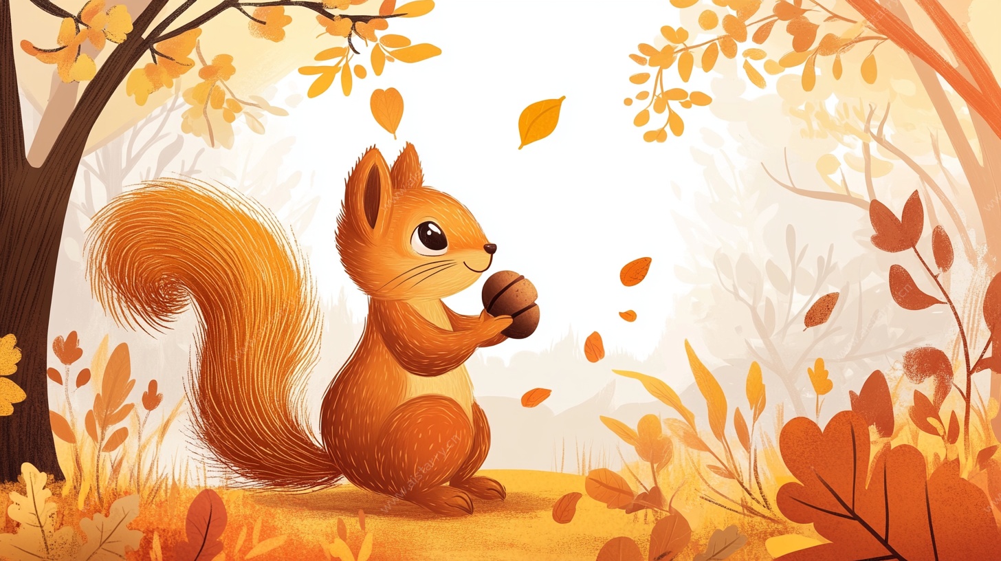 秋日松鼠享坚果插画