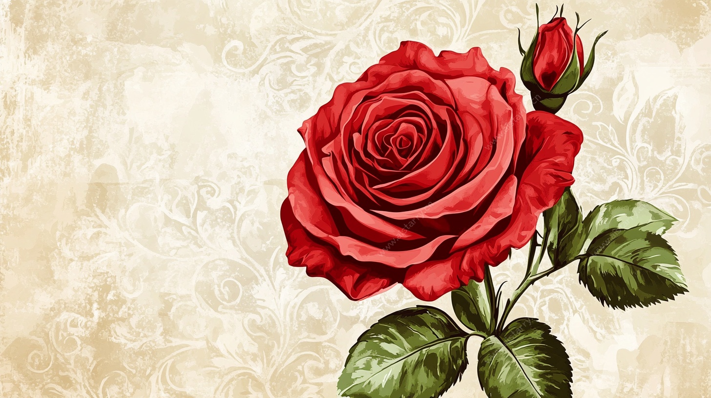 复古红玫瑰插画